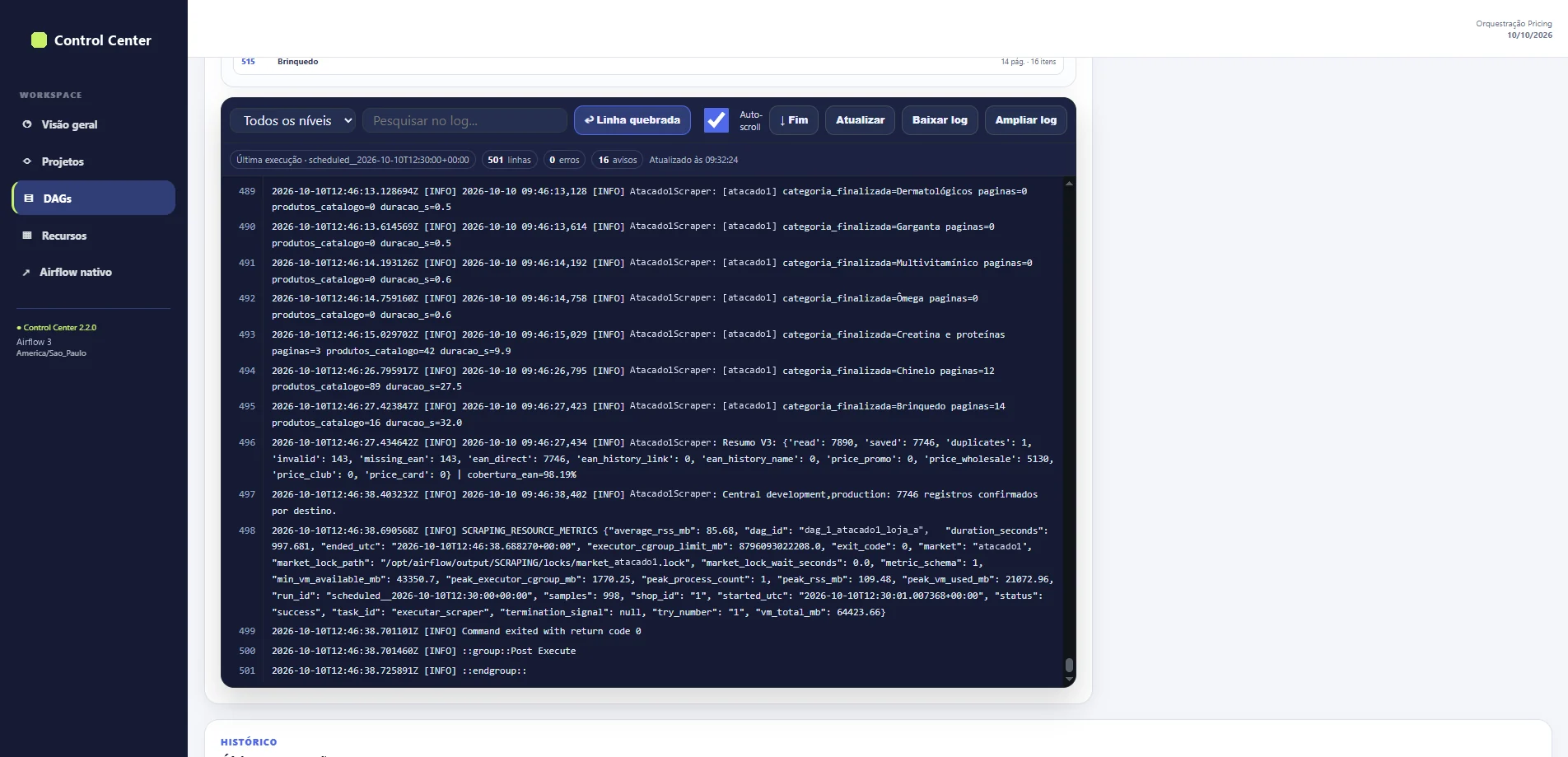 Painel de log com filtro de nível, busca e download, mostrando as linhas finais de uma coleta e o resumo com cobertura de EAN de 98,19%